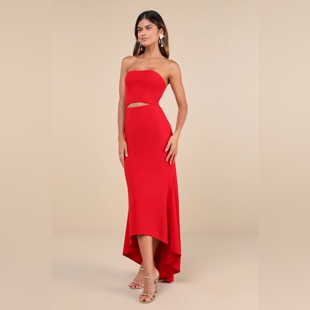 Lulus Gorgeous Existence Red Strapless Cutout High-Low Maxi Dress - Picture 4 of 8